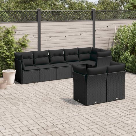 8-tlg. Garten-Sofagarnitur mit Kissen Schwarz Poly Rattan (1/3)