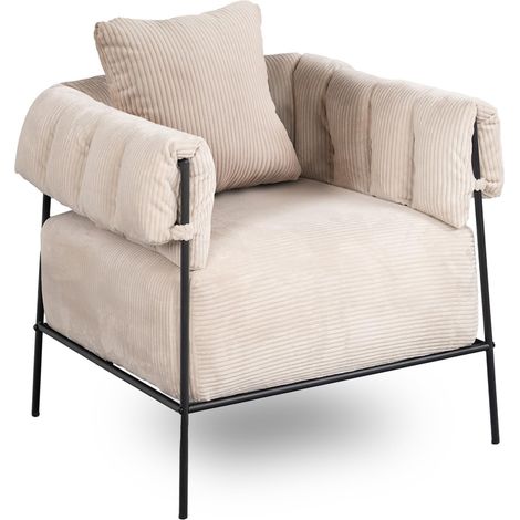 Meuble Cosy Fauteuil Salon Chaise de Canapé de Loisirs pour Chambre avec Assise Épais Dossier Coussin Accoudoirs en Velours Côtelé Beige (1/5)