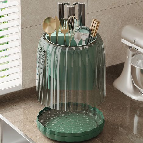 Nouveau porte-couteaux de cuisine 360° de luxe, organisateur multifonctionnel pour baguettes et cuillères, étagère de rangement pour plan de travail, vert foncé (1/5)