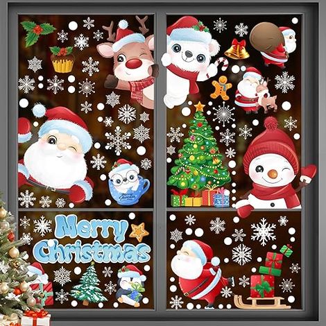Adesivi natalizi per finestre, 228 pezzi, Babbo Natale e neve (1/4)