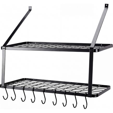TOQUE Pot Pan Rack Wall Mounted Kitchen Shelf 2 Tier Storage Rack Metal 10 Hooks (1/5)
