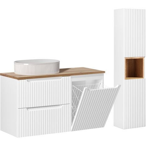 Set di mobili con lavabo singolo da 100 cm, cesto portabiancheria, 2 cassetti e colonna Riva Bianco e Legno (1/5)