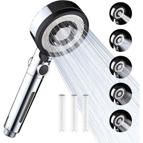 Pommeau de douche avec 3 filtres PP anticalcaire haute pression, pommeau de douche de salle de bain avec 5 modes de jet, (sans flexible ni support) (1/5)