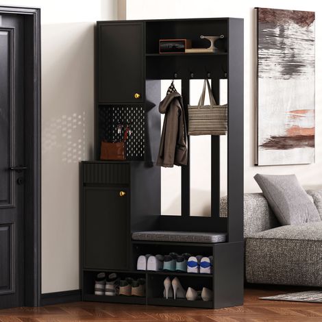Porte-manteaux couloir 100×180×35cm siège banc 4 crochets rangement fermé,design pratique discret entrée hall noir-Chi.