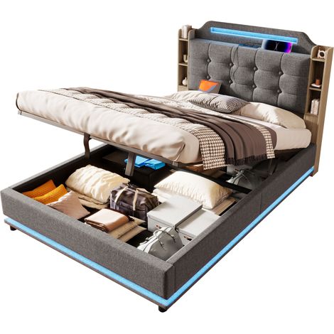 Letto Imbottito 140 x 200 cm, Lino, 2 Posti, Contenitore, LED, USB e Type-C, senza Materasso, Grigio (1/5)