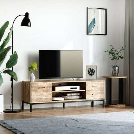 2 tiroirs et étagère - 2 passe-câbles - 132 x 39 x 45,5 cm marron noir, Meuble TV banc TV jusqu'à 50 pouces placard