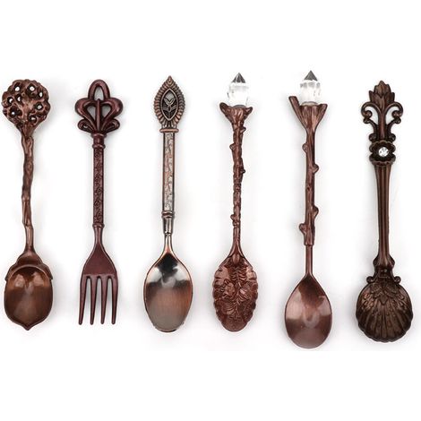 6-teiliges Vintage-Löffel- und Gabelset aus Zinklegierung, Retro-Küchenaccessoire (herzförmiger Griff, Rotbronze) (1/5)