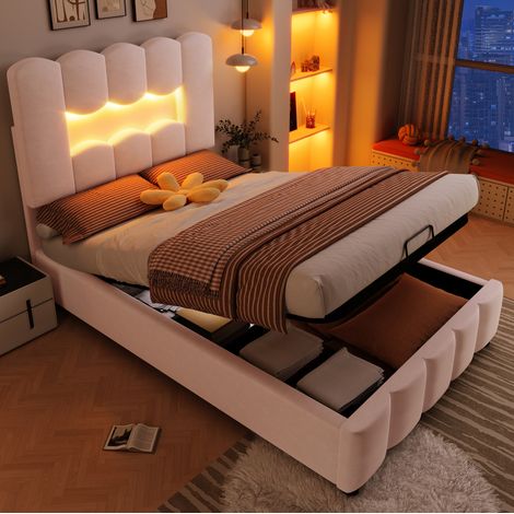 Letto a cassone bambini 90x200 cm con illuminazione LED, meccanismo idraulico e testiera regolabile, senza materasso, rosa (1/5)