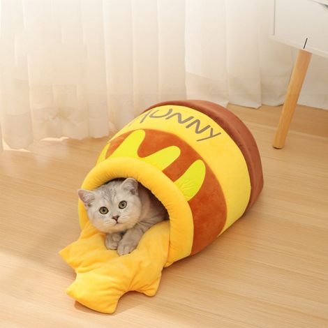 Cave Pour Chat - Lit Pour Animaux En Peluche Épais Avec Bordures Surélevées - Forme Abeille - Pour Chiens Et Chats - Hiver Chaud - 42 x 41 x 18 cm - 1 Pièce (1/5)