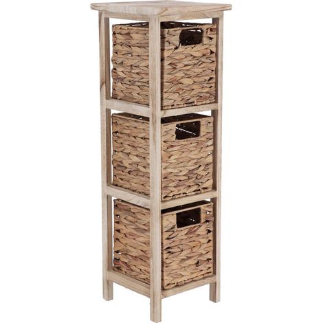 Tendance – Meuble de rangement en bois naturel avec 3 paniers tressés H 77 cm – Durable et esthétique pour salle de bain – Livré monté