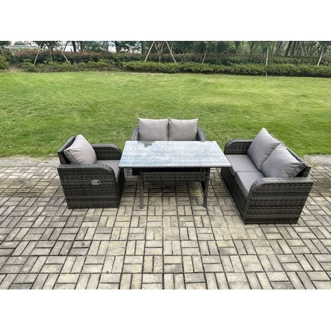 Fimous 5 Seater Lounge Rattan Sofa Set Outdoor Garden Furniture Oblong Rectangular Dining Table With Chairs Dark Grey Mixed