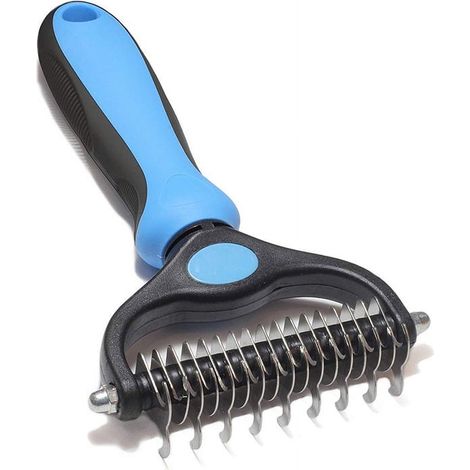 Brosse de toilettage pour chien et chat, double face démêlante et anti-perte de poils, râteau sous-poil extra large, rose. (1/4)