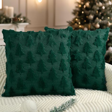 Lot de 2 housses de coussin de Noël - 40 x 40 cm - Motif sapin de Noël - En fausse fourrure - Pour l'hiver, les vacances, la maison, le canapé - Vert (1/5)