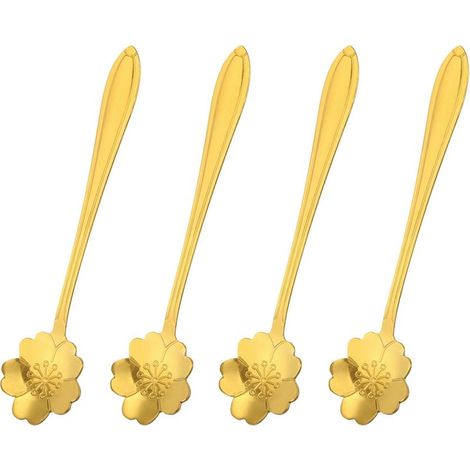 4pcs Inox Acier Fleur Cuillères 5 pouce Cerise Fleur Forme Café Cuillère Petit Cuillère Café Dessert Cuillère pour Expresso Sucre Gâteau, Or (1/5)