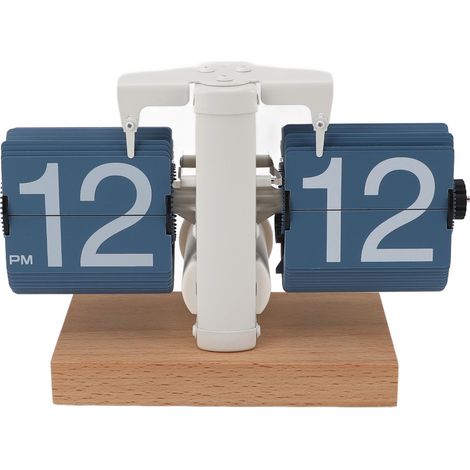 Horloge de bureau à affichage numérique vintage rétro, page bleue, mouvement mécanique automatique 12 h AM/PM, socle en bois, fonctionne sur piles. (1/5)