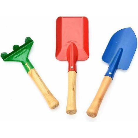Lot de 3 outils de jardin enfant en bois et acier inoxydable – pelle, râteau et truelle pour tout-petits (1 set) (1/5)