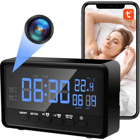 2.4/5Ghz WiFi Caméra Cachée, HD 1080P Mini Caméra Cachée Espion, 2 en 1 Réveil WiFi Camera Espion avec Vision Nocturne et Détection de Mouvement supportant 2 Réveils et APP Vue à Distance (1/5)
