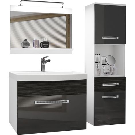 Belini Badezimmer Badmöbel Set Vollausstattung mit Waschbecken Unterschrank Waschtisch Spiegel Lampe Möbel Silber Ebenholz Glänzend Matt (1/5)