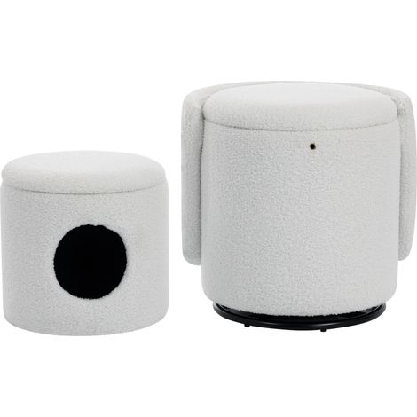 Sgabello barile imbottito girevole 360° con vano contenitore, bianco, in tessuto Teddy, 75 cm (1/5)