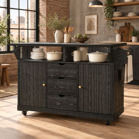 Mobiler Kücheninselwagen mit klappbaren Erweiterungen, 95 cm, MDF und Metall, Schwarz, OKWISH (1/5)