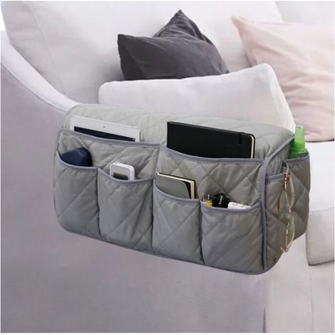 Sac de rangement latéral pour accoudoirs de canapé - Économie d’espace - Solide - Grande télécommande pour TV, articles divers, organiseur, sac de rangement gris (1/3)