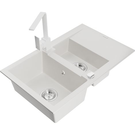 Mexen Gaspar lavello in granito 1,5 vasche con sgocciolatoio e miscelatore da cucina Rita, bianco - 6507-20-670300-20 (1/5)