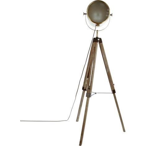 Atmosphera – Lampadaire trépied métal et bois – Hauteur 152 cm – Abat-jour projecteur en verre – Finition bronze et bois naturel
