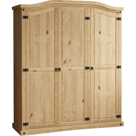 Corona 3 Door Wardrobe Solid Pine With Handing Rail & Storage Shelf
