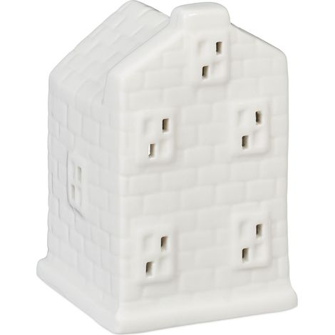 Relaxdays Casetta Portacandele in Ceramica, Casa Luminosa Porta-Tealight, per 1 Candelina, HLP: 11 x 7 x 6,5 cm, Bianco