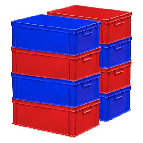 BRB Lot de 8 boîtes empilables 600 x 400 x 220 mm, PP, qualité industrielle, qualité alimentaire, 4 x bleu, 4 x rouge (1/3)