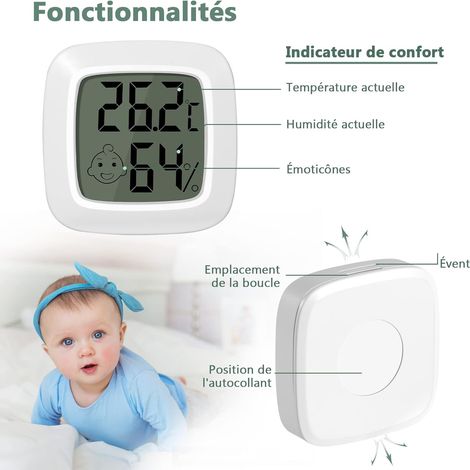 Thermomètre d'intérieur, petit thermomètre hygromètre numérique de haute précision, thermomètre smiley de haute précision aimant intégré adhésif double face mini thermomètre d'intérieur smiley blanc 4 (1/4)