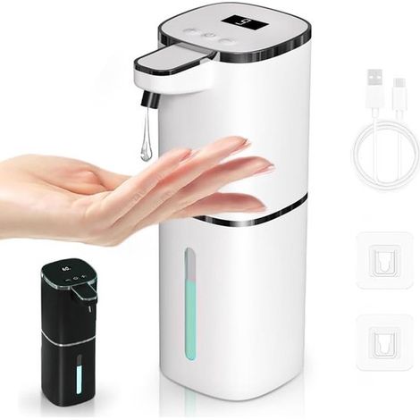 Dispenser di sapone liquido senza contatto a 9 stadi da 380 ml, ricaricabile tramite USB, per montaggio a parete/su tavolo in bagno e cucina, con pompa per sapone autoportante. (1/5)