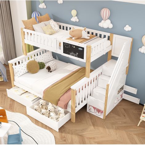Litera infantil con pizarra, cajones y almacenamiento en escalera, 90x200 cm, madera maciza, blanco y roble claro (1/5)
