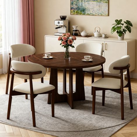 Ensemble de salle à manger rond modulaire composé d'une table et de quatre chaises, plateau en MDF plaqué noyer, chaises en chêne massif plaqué noyer, idéal pour le salon et la salle à manger. (1/5)