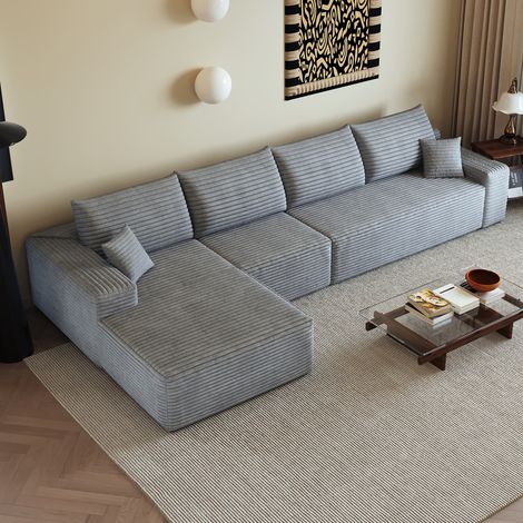 Canapé d’angle modulaire 340 cm L, velours côtelé gris, sans montage, REDOM (1/5)