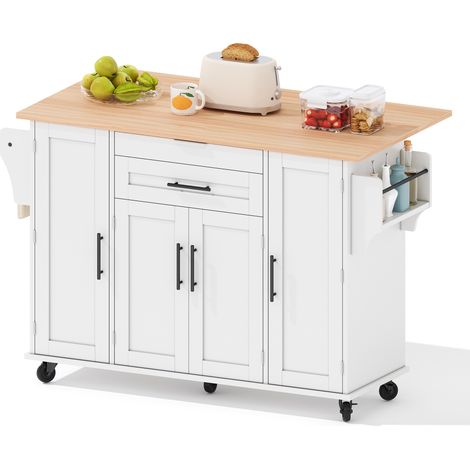 Îlot de cuisine mobile avec plan de travail extensible 120 x 45 cm, tiroir à couverts caché, étagères réglables, porte-épices et support à torchon, roulettes freinées, bois clair - CHICFURN (1/5)