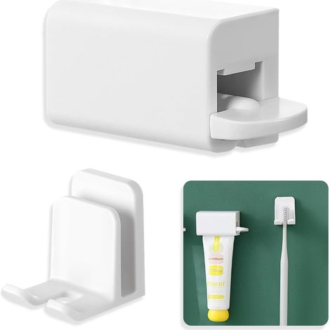 Wandhalterung für Zahnpastatube und Zahnbürste, wasserdicht, selbstklebend, für das Badezimmer (weiß). (1/5)