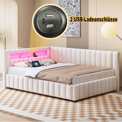 CHICFURN canapé lit tapissé angle velours beige 140 x 200 avec tête de lit LED et port USB (1/5)