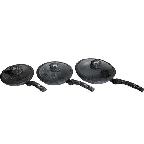 TRADE SHOP - Set 6pz Tris Padelle Antiaderenti Effetto Pietra ø20-24-28cm 3 Coperchi Silicone Induzione - (1/5)