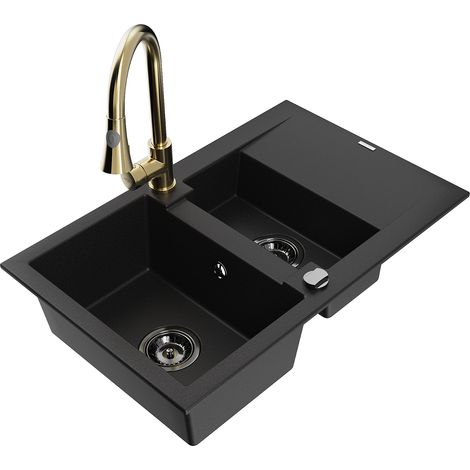 Mexen Gaspar lavello in granito 1,5 vasche con sgocciolatoio e miscelatore cucina Elia, nero - 6507-77-670101-50-B (1/5)