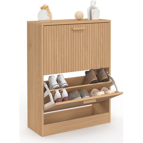 Idmarket – Meuble à chaussures 12 paires – 2 portes battantes – Dimensions 60x24x80 cm – Panneaux de particules – Design latte tasseau bois