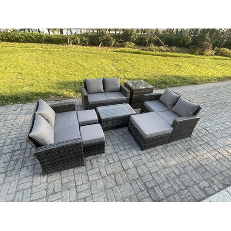 Fimous 8pc Rattan Sofa Gartenmöbel Set Balkonmöbel mit Beistelltische 3 Hocker Doppelsitz-Sofa Dunkelgrau Gemischt (1/5)
