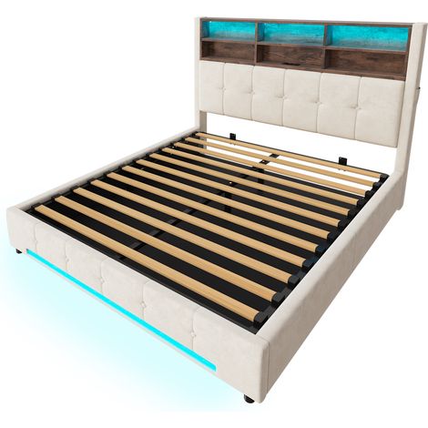 Polsterbett 160x200 cm aus beigem Samt mit USB-C-Kopfteil und LED MODENUIT (1/5)