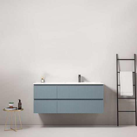 Mobile bagno sospeso cannettato 120 cm Blu Avio Lavabo a Destra in Ceramica Senza Specchio - Fiji Paint (1/4)