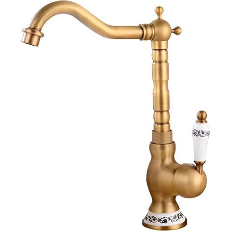 Grifo mezclador de lavabo de cobre vintage – Grifo de baño dorado, manija de cerámica – Agua fría y caliente (1/5)