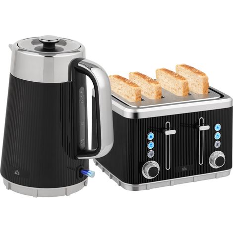 Electric Stainless Steel Kettle and Toaster Set, 3000W 1.7L UK Strix Thermostat Fast Boil Kettle w/ Limescale Filter, Cool Touch Body, 4 Slice Toaster with 7 Browning Levels, Crumb Tray, Black