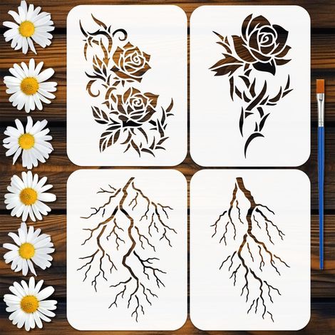 4PCS Pochoir Tatouage Éclair Rose avec Pinceau 15x20cm Modèle de Dessin Décoratif Fleur Feuille Pochoir Fleur Rose Modèle Thème Tatouage pour Décoration Mur Sol (1/5)