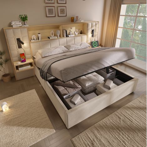 Letto matrimoniale 216x259x119 cm, contenitore con lampade da lettura, porte USB e Type C, lino beige (1/5)