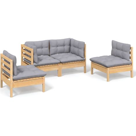 Salon de jardin 4 pcs Contemporain, Ensemble repas de jardin, avec coussins gris Bois de pin massif OIB6051E (1/5)