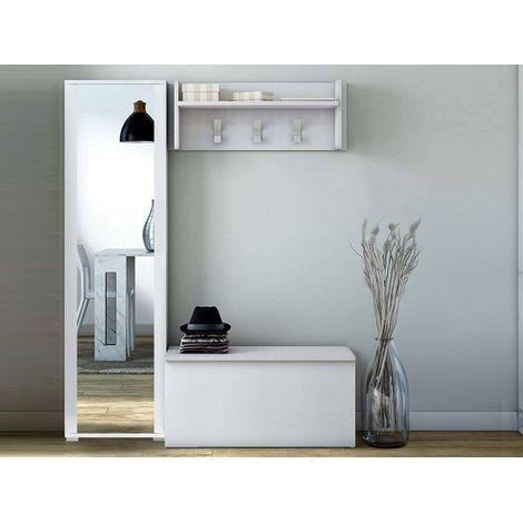 Dmora - Mueble de entrada Mirtilla, Entrada moderna con perchero, Mueble con zapatero, Armario con espejo, Cm 50x32h182, Blanco, con embalaje reforzado